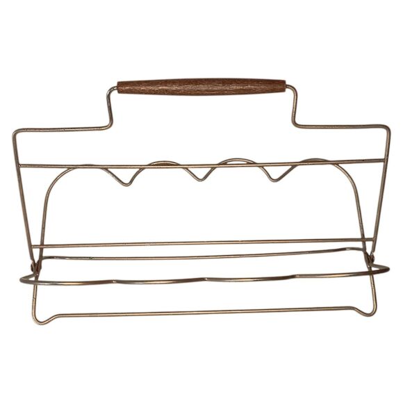 Vintage Mid-century Modern Gold Metal  8 Glass Holder Caddy Wooden Handle - Picture 2 of 10